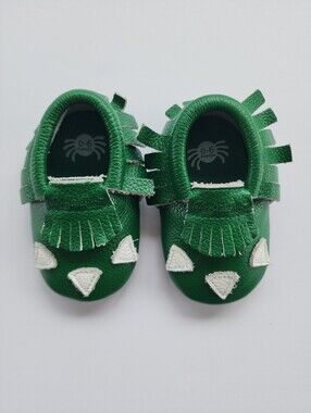 Itzy Ritzy Dino Moccasins Green Leather Baby Shoes 0-6 Months